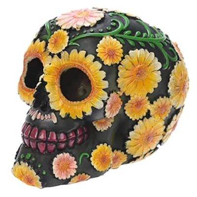 Imagen de Puckator Decoración de calavera con motivos florales, polirresina, amarillo, verde, rosa, negro, 15 x 10,5 11,5 cm, resina, multicolor, cm alto ancho profundidad