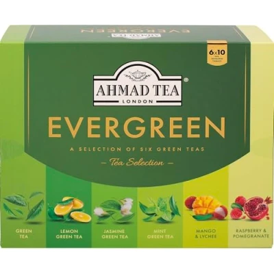Imagen de Ahmad Tea Evergreen Surtido de 6 tés verdes menta, limón, mango y lichi, frambuesa granada, jazmín puro 60 bolsitas té selladas con aroma envasadas individualmente