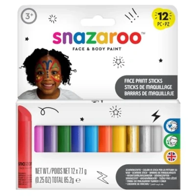 Imagen de SNAZF Snazaroo 1172193 Set Maquillaje Infantil con 12 Barras de Pintura Facial, Colores al Agua para Pieles sensibles los Que Crear Vivos Efectos en niños o Adultos