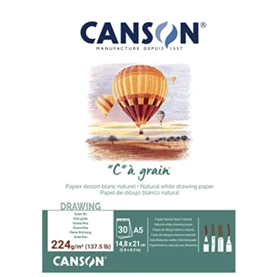 Imagen de Canson &#039;&#039;C&#039;&#039; à grain, Papel de dibujo blanco, Grano fino, 224g, Encolados por el lado corto, A5 14,8x21cm, Blanco natural, 30 Hojas