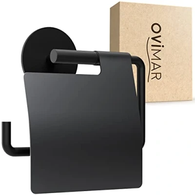 Imagen de ovimar portarrollos Heroya con Tapa sin taladrar Negro Mate Autoadhesivo Mecanismo de Cierre Suave para encolar