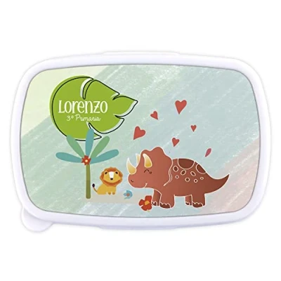 Imagen de LolaPix Tupper Pequeño Infantil Personalizada. Caja merienda con Nombre y Curso. Apta para microondas Libre de BPA, filatos Metales Pesados. Varios diseños. Dino León