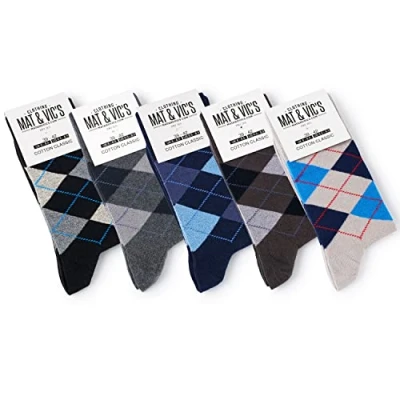 Imagen de Mat &amp; Vic’s Calcetines Clásicos de Vestir para Hombre y Mujer, Algodón, Certificado Oeko Tex 100, cómodos (5 pares, Jeans Mix 1 azul marino navy cuadros argyle, UK 4 5.5 / EU 35 38)