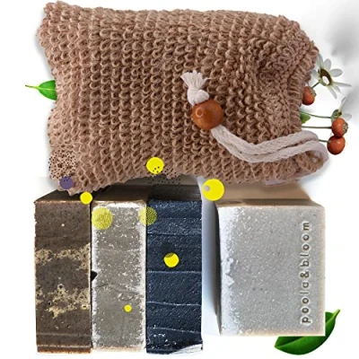 Imagen de Juego de jabones orgánicos para hombres 4 barras naturales con bolsa exfoliante sisal, paquete jabón herbal crudo hecho a mano, natural exfoliante, baño perfumado y hidratante