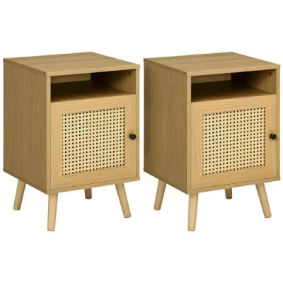 Imagen de HOMCOM Juego de 2 Mesitas Noche Mesillas con Puerta Ratán Estante Abierto Mesas Auxiliares para Dormitorio Salón 39x35x60 cm Natural
