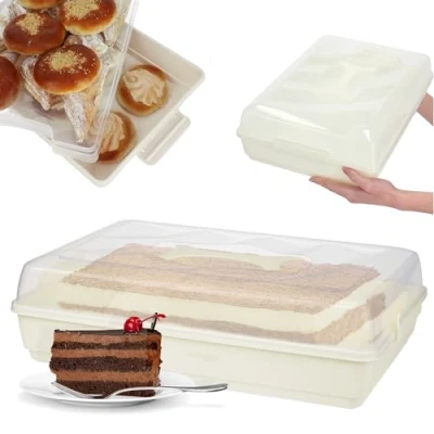 Imagen de KADAX caja de plástico para tartas con tapa, 44 x 30 12,5 cm, transporte asa, molde hojalata, magdalenas, rectangular, alimentos (crema)