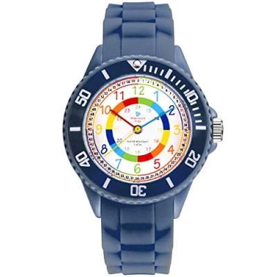 Imagen de Alienwork Kids Reloj de Aprendizaje Infantil Niño Niña Azul Marino Pulsera Silicona Abigarrado niños Impermeable 5 ATM Tiempo Aprender