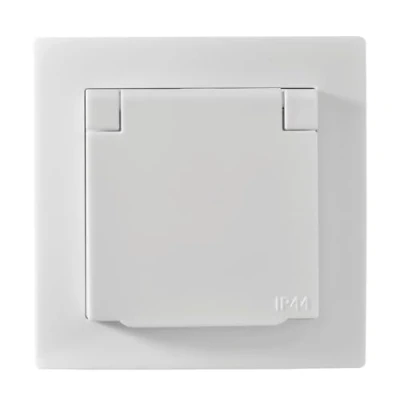 Imagen de McPower Enchufe con Toma de Tierra IP44 + Marco FLAIR 250V /16A, Empotrable en Pared Tapa Protectora Contra Salpicaduras, Conexión Rápida, Blanco Mate