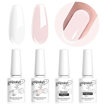 Imagen de Vishine Lote de esmaltes gel semipermanentes y base Top Coat para manicura francesa, UV/LED, soak off Nail Art francés, blanco, rosado, 4 unidades, 8 ml