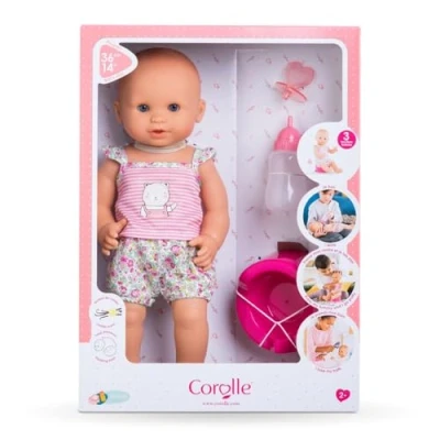 Imagen de Corolle Bebida y baño húmedo Baby Emma Muñeca bebé niña de 14 Pulgadas con 3 Accesorios Biberón, Orinal Chupete Realmente Bebe va al baño, para niños a Partir 2 años