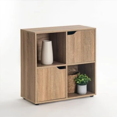 Imagen de LOLAhome Estantería de Madera, Librería, Cubo con Puertas y Compartimentos Abiertos, Mueble almacenaje, en Color Natural 60x29x61 cm para Estudio,Dormitorio, Salón Oficina