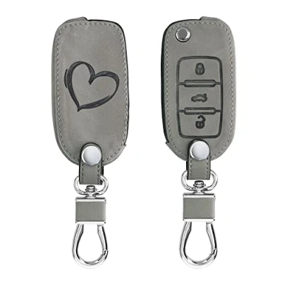 Imagen de kwmobile Funda Compatible con VW Skoda Seat Llave de Coche 3 Botones Case Piel Nobuck sintética para Mando Dibujo corazón Gris