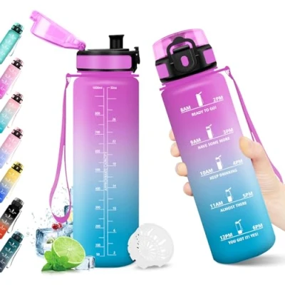 Imagen de KollyKolla Botella Agua Deportiva 1L, Garrafa sin BPA, con Marca de Tiempo Filtro, Motivacional, Reutilizable, Cantimplora para Escuela, Oficina, Sport, Yoga, Gimnasio