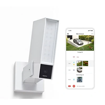 Imagen de Netatmo Cámara DE vigilancia exterior inteligente con sirena 105 dB, WiFi, iluminación integrada, detección movimiento, visión nocturna, sin suscripción, blanca, NOC S W