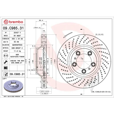 Imagen de BREMBO Disco de freno PORSCHE: 911 Coupé 350mm 34mm 5 ventilación interna, perforado/ventil. int. 09.C985.31 Discos freno,