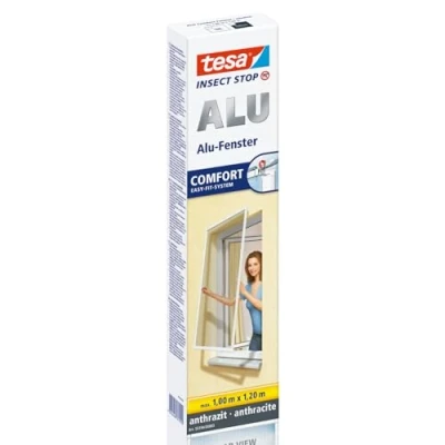Imagen de tesa® Insect Stop ALU Comfort Mosquitera para Ventanas con Marco de Aluminio Ajustable Montaje sencillo tecnología Easy Fit Sin Perforaciones 100 cm x 120 Gris Antracita