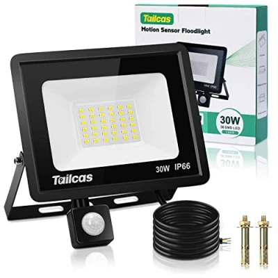 Imagen de Tailcas 30W Focos Led Exterior con Sensor Movimiento, 2700LM Super Brillante Foco Exterior, IP66 Impermeable Proyector, 6500K Iluminación de Seguridad para Jardín, Patio, Garaje