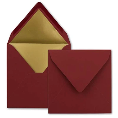 Imagen de 50 sobres cuadrados de 15,5 x cm, rojo oscuro, forrados con papel dorado, adhesivo húmedo, FarbenFroh by GUSTAV NEUSER