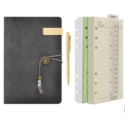 Imagen de Wonderpool Carpeta de anillas cuero para diario, cuaderno papel recargable con forro escritura, 6 anillos blocs notas viajes oficina y agenda planes (a Gris, A6)
