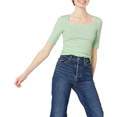 Imagen de Amazon Essentials Camiseta Entallada con Media Manga y Cuello Cuadrado Mujer, Verde, L