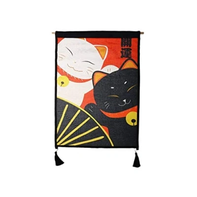 Imagen de lachineuse Panel de Pared japonés Duo Maneki Neko Decoración Japonesa para Colgar 65 x 45 cm Gato Kawai Lucky Cat Mural Color Negro y Rojo Idea Regalo Japón Asia