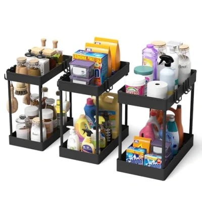 Imagen de Meltrck Organizador Bajo Fregadero 3 Unidades Estante Doble Nivel Fijo para Cocina y Bano, Sistema deAlmacenamiento Listo Usar (Incluye Soporte Productos de Limpieza)