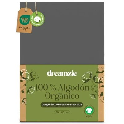 Imagen de Dreamzie Funda de Almohada 60x60 cm Algodón Orgánico Juego 2 100% Antracita Algodon 50x70 con Cremallera Oeko Tex