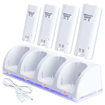 Imagen de OSTENT Charger Dock Station + 4 Paquetes de baterías compatibles para el Mando a Distancia Nintendo Wii Color Blanco