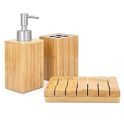Imagen de Navaris Set para el baño de bambú Juego 3 accesorios lavabo Kit triple 1x dispensador jabón porta cepillo dientes jabonera