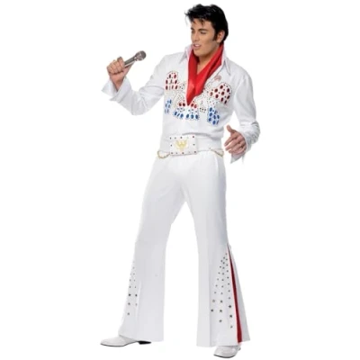 Imagen de Smiffys Disfraz de American Eagle Elvis, Blanco, con mono, cinturón y bufanda
