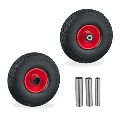 Imagen de Relaxdays 2 Ruedas de Carro Macizas, 3.00 4, Completas con Llantas Acero, 3 Adaptadores, Recambios, Negro y Rojo, Caucho