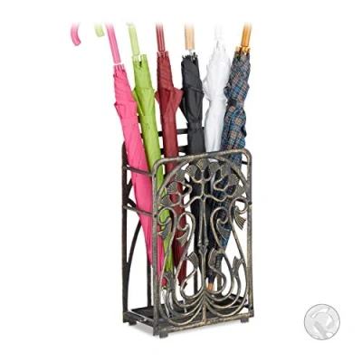 Imagen de Relaxdays Paragüero Vintage Rectangular, Bandeja Goteo, Soporte Bastones, Hierro Fundido, 48,5 x 30,5 16cm, Bronce