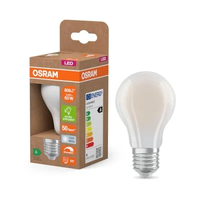 Imagen de OSRAM Energy Class con forma de bombilla clásica, 3,8 W / 806 lm, EEK A, luz blanca fría (4000 K), CRI 80, fabricada en vidrio esmerilado sin plomo, casquillo E27, IP20, 60 mm DM, paquete 6
