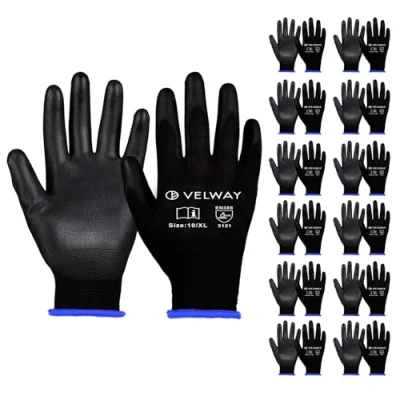 Imagen de Velway 12 Pares Guantes de Trabajo Protéccion para Hombre Talla 10 Alta Resistencia Recubrimiento Poliéster PU Versátiles Protección Mecánica Industrial Jardinería Pintura Negro