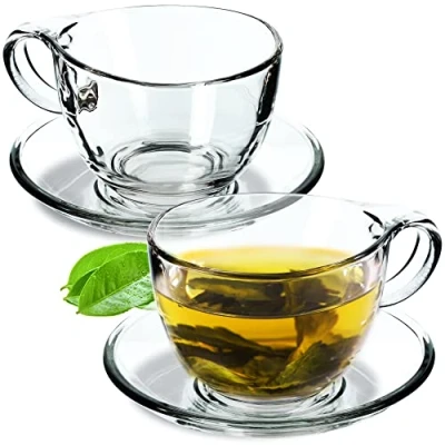 Imagen de KADAX juego de tazas cristal con base, 200 ml/250 ml, transparente, taza té, café, plato, posavasos (Lea/2 unidades)