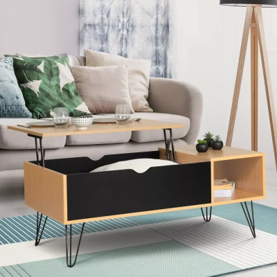 Imagen de IDMarket Mesa baja con bandeja elevable rectangular Noemi de madera, pie alfiler