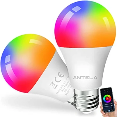 Imagen de ANTELA Bombilla Inteligente Alexa Google Home A60 E27 9W 806lm Equivalente 80 W, Wifi LED Multicolor Blanco Cálido Frío RGB(2700K 6500K), Ahorro Energético,2cs
