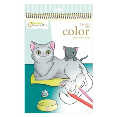 Imagen de Avenue Mandarine GY105AMZC 1 set de colorear &#039;&#039;Mascotas&#039;&#039; con cuaderno colores Graffy (24 páginas &#039;&#039;mamá/bebé&#039;&#039;), 12 rotuladores y 2 hojas pegatinas cooky (gatos perros)