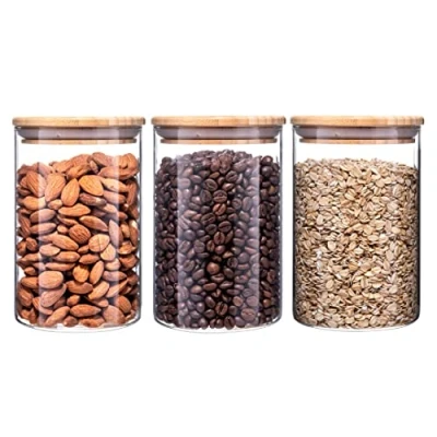 Imagen de Igluu Meal Prep Tarros de Vidrio con Tapa 900ml, Set 3 Borosilicato Tapas Bambú, Frasco Contenedor Hermético para pasta, cereales, azucar, café.