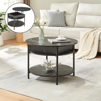 Imagen de [en.casa] Mesa de Centro Kandas Baja Redonda con Tablero Elevable Compartimento Interno y Estante Mueble Auxiliar Mesita para Salón 70 x 49 cm Efecto mármol Negro
