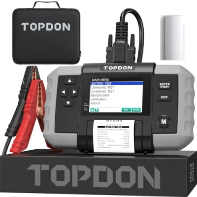 Imagen de TOPDON BT600 comprobador de Baterías Coche con Impresora 12V 24V, 100 2000 CCA baterías, Prueba Batería, Carga, Sistema Arranque, Pantalla 3.5 pulgadas