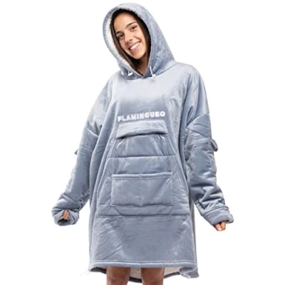 Imagen de Flamingueo Batamanta Sudadera Manta Mujer, Hombre Invierno, Bata Polar Blanket, Polar, Batas de Casa, Mujer (Azul)