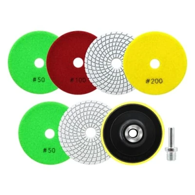 Imagen de SANLEETEK Almohadillas de Pulido Diamante 6piezas 100mm Disco Pulir Grano 50x3/100x2/200 con M14 Plato Apoyo+Adaptador para Granito Mármol Piedra Artificial Cuarzo