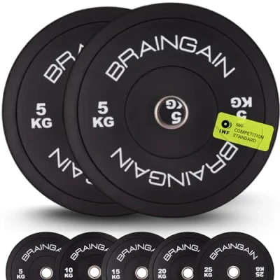 Imagen de BRAINGAIN Par de discos olímpicos negros 5 kg (2 x kg), placas peso goma sólida 2 pulgadas para entrenamiento fuerza con pesas y levantamiento