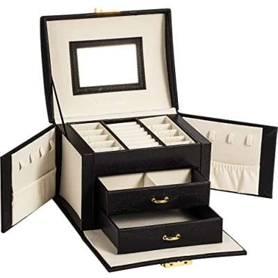 Imagen de ADEL DREAM Joyero para mujer con cerradura y espejo mucho espacio de almacenamiento casa llevar Seda pan Negro 17.2x13.7x12cm
