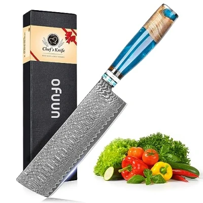 Imagen de oFuun Cuchillo de Cocina Nakiri Damasco, 17cm Japones para Verduras, Chef 67 Capas Acero, Cocinero Profesional Mango Resina Azul y Caja Regalo