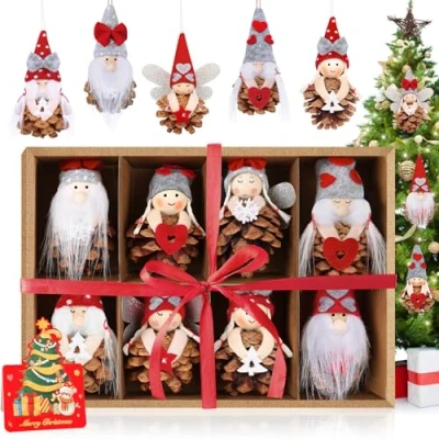 Imagen de Gaeymy Gnomo Decoracion Arbol Navidad, 8 Piezas de Adornos Navideños Colgantes, Piñas Navidad para el Arbol, Colgantes Elfos Gnomos