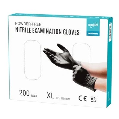 Imagen de EUROPAPA® 200 Guantes De Nitrilo Desechables Que Cumplen Las Normas EN455 EN374, Sin Polvo Ni LÁTex, Disponibles En Tallas S, M, L Y XL (XL, Negro)