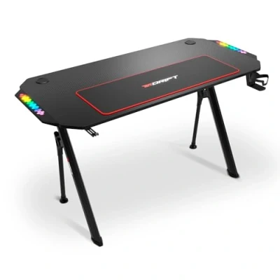 Imagen de Mesa gaming Drift DZ175RGB, Iluminación LED, Alfombrilla, Soporte para Auriculares y Bebidas, 130 x 75 60 cm, Altura Regulable, Negro