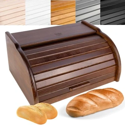 Imagen de Creative Home Grande Panera Madera Contenedor para Pan Marrón 38 x 28,5 17,5 cm (+/ 1cm) de Haya Natural Recipiente con Tapa Enrollable Guardar Bollos Alimentos Secos